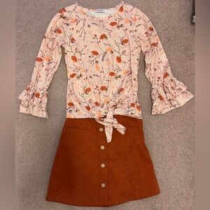 Floral Ruffle Sleeve Top and Button Skirt Set